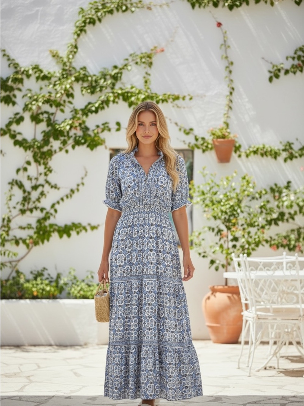 Max Studio Blue and White Floral Maxi Dress